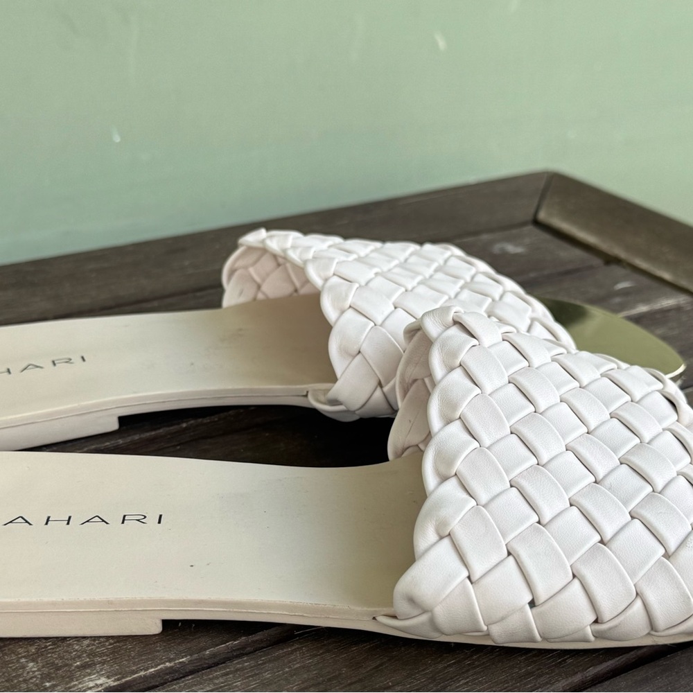 Tahari White Woven Leather Sandals Elegant Slip-On